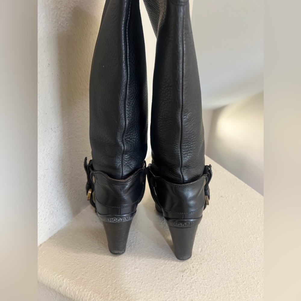 Hogan Womens Leather Buckle Detail Black Round Toe Knee High‎ Boots size 37